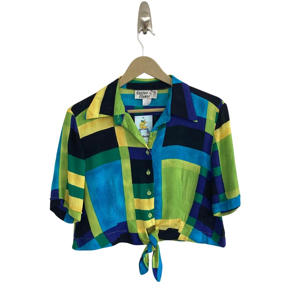 Vintage Cactus Flower Funky Abstract Blue and Green Cropped Tie Blouse